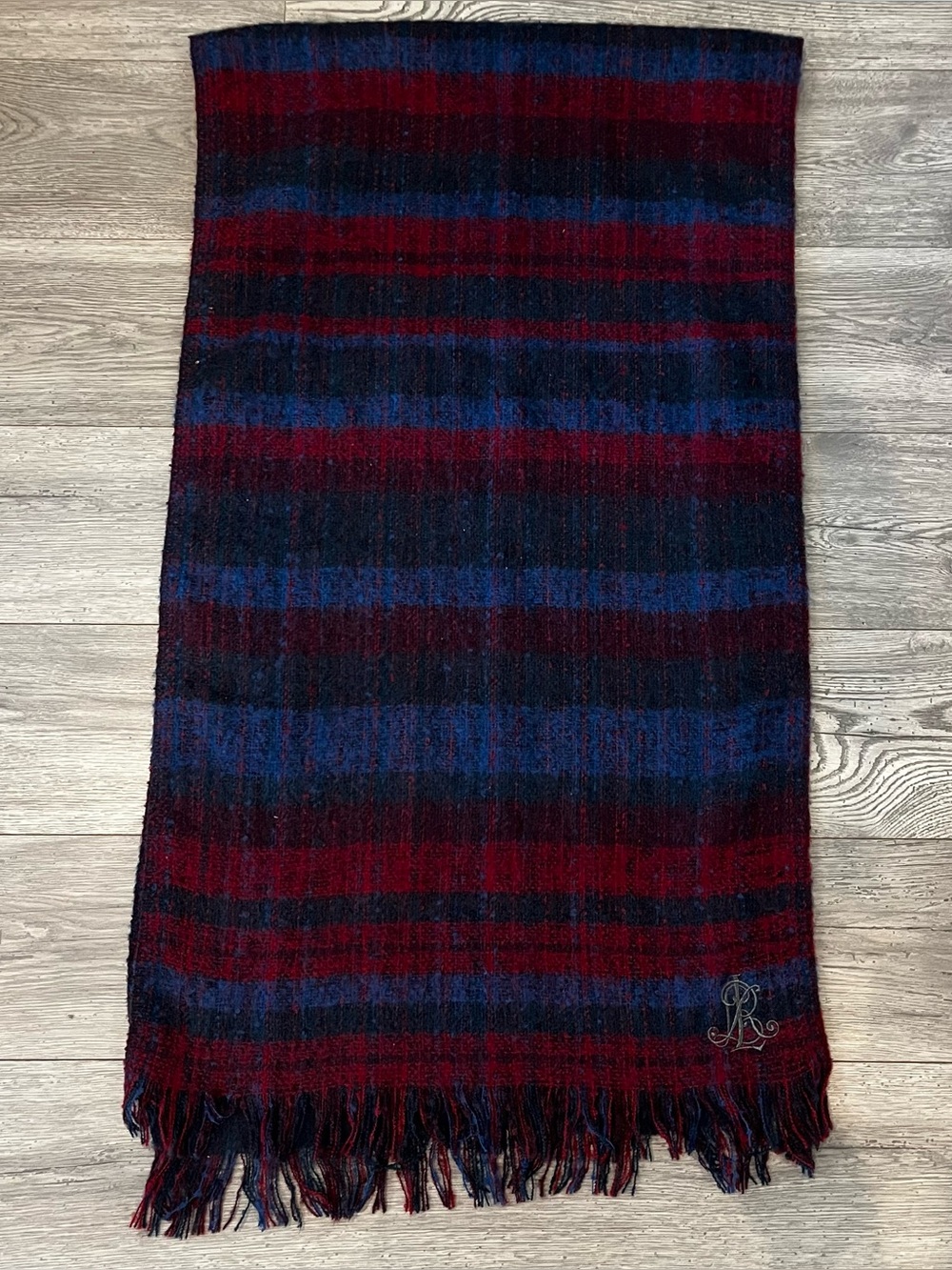 Ralph Lauren Oversized Plaid Tartan Scarf Fringed Edges Navy Burgundy Monogram